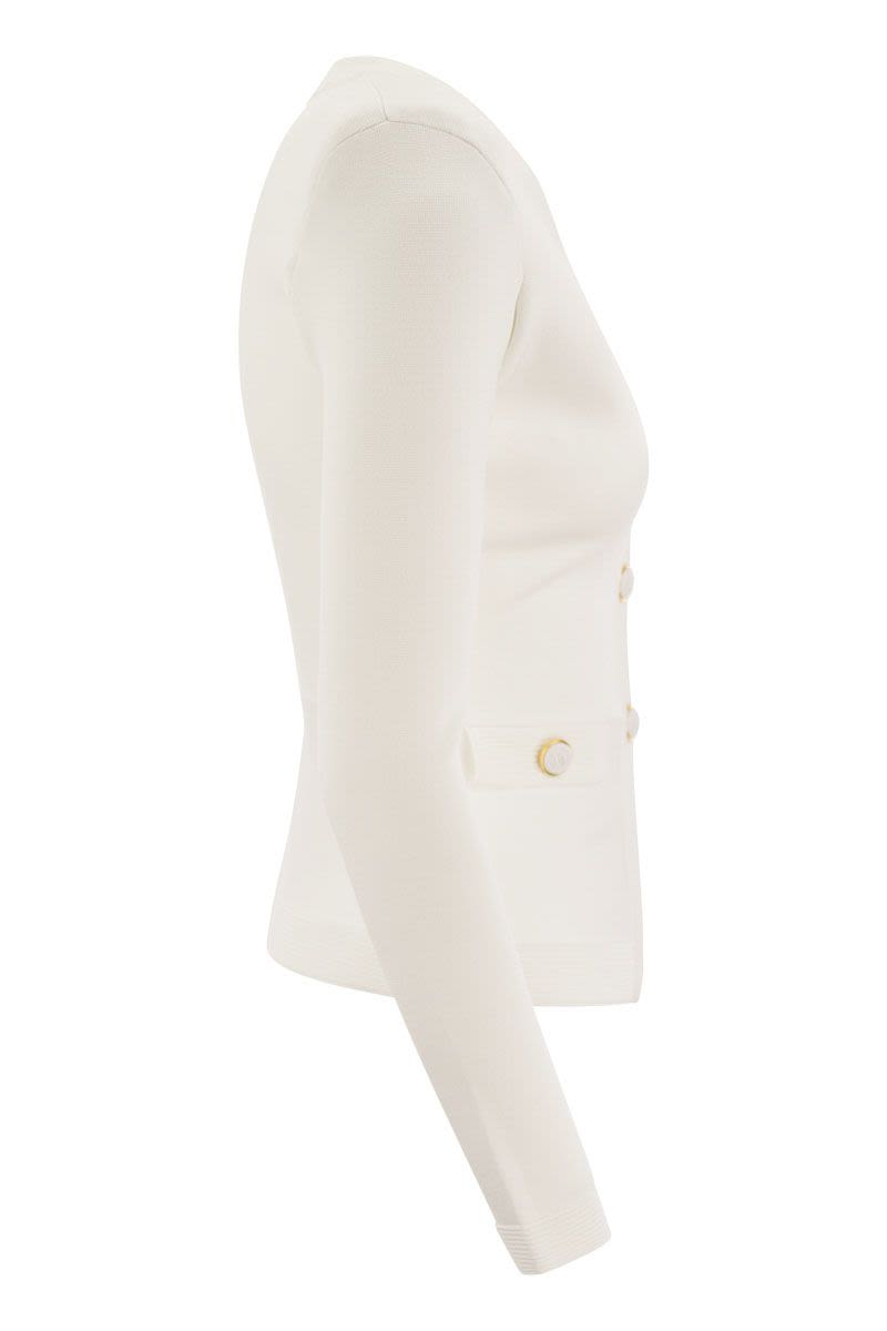 ELISABETTA FRANCHI Shiny Viscose Cardigan with Twin Buttons - Basque Waist, Piped Trim, Mock Flap Pockets, Padded Epaulettes - Designer ID: MK43S41E2