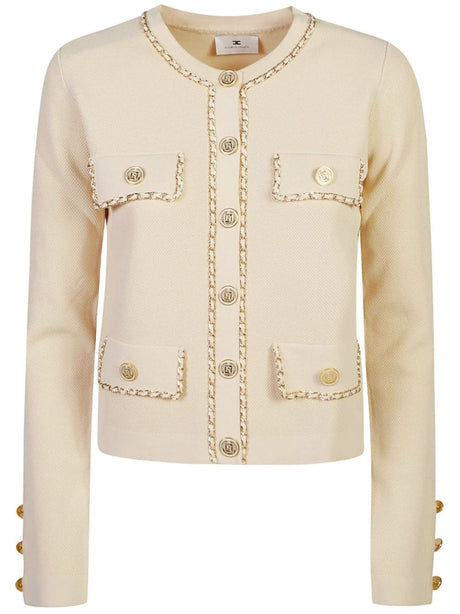 ELISABETTA FRANCHI Chic Beige Cardigan with Elegant Golden Chain