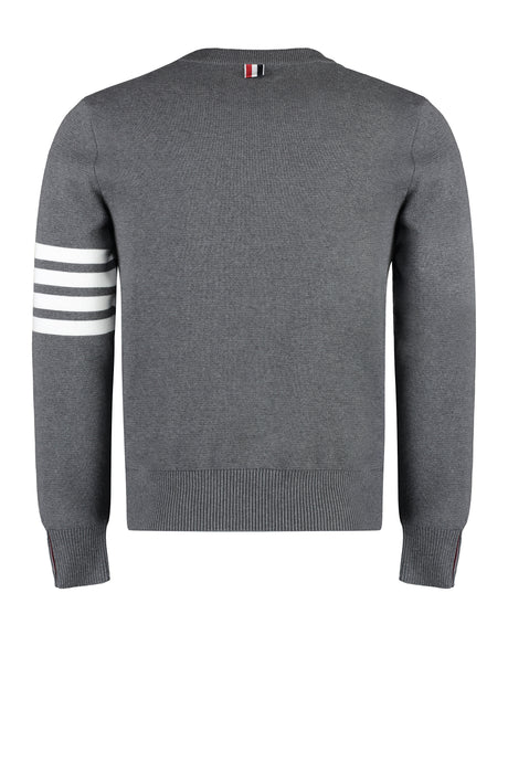 THOM BROWNE Men's Grey Cotton Crew-Neck Sweater with Striped and Tricolor Details