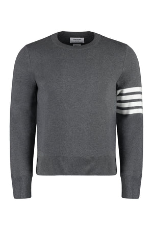 THOM BROWNE Men's Grey Cotton Crew-Neck Sweater with Striped and Tricolor Details