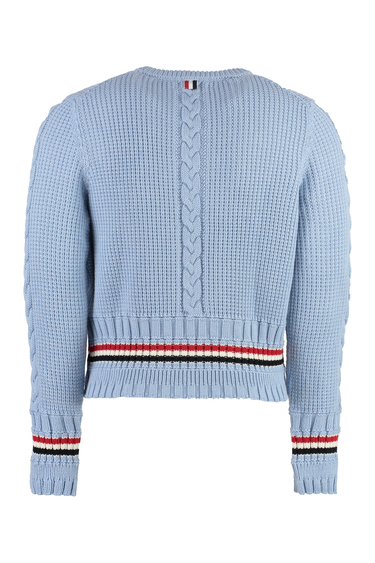 THOM BROWNE Men's Light Blue Wool Cable-Knit Sweater with Colorful Side Stripes