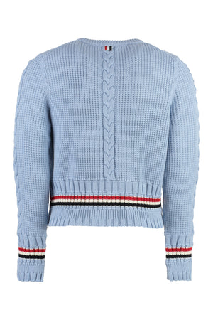 THOM BROWNE Men's Light Blue Wool Cable-Knit Sweater with Colorful Side Stripes