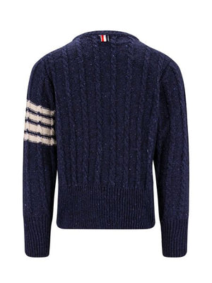 THOM BROWNE Blue Braided Wool Sweater with Contrast 4-Bar Detail and Tricolor Accents