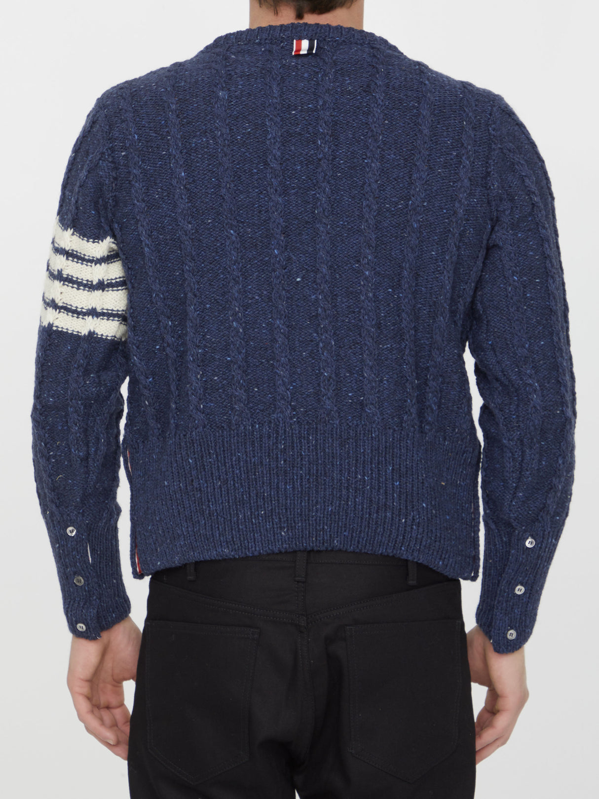 THOM BROWNE Blue Braided Wool Sweater with Contrast 4-Bar Detail and Tricolor Accents