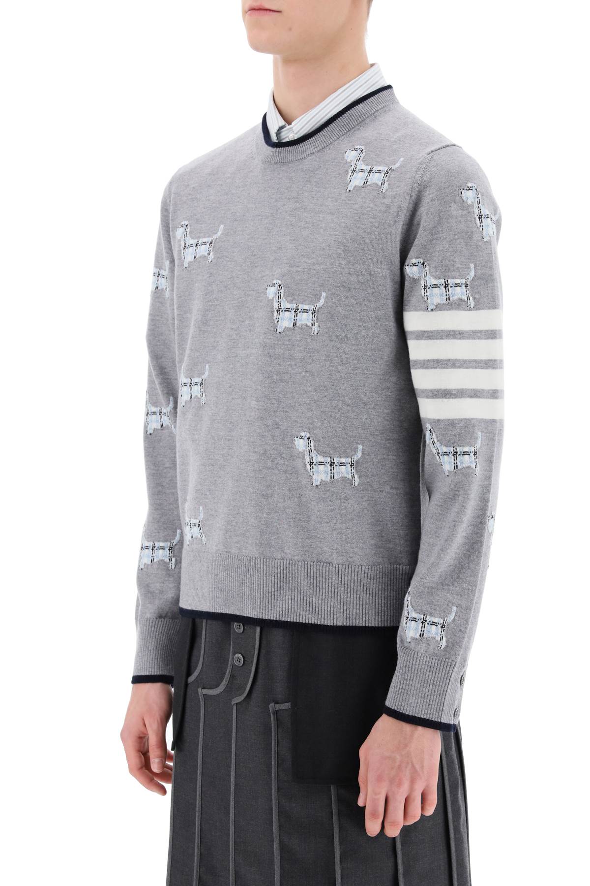 THOM BROWNE Men's Grey 4-Bar Sweater with Hector Pattern for Spring/Summer 2024