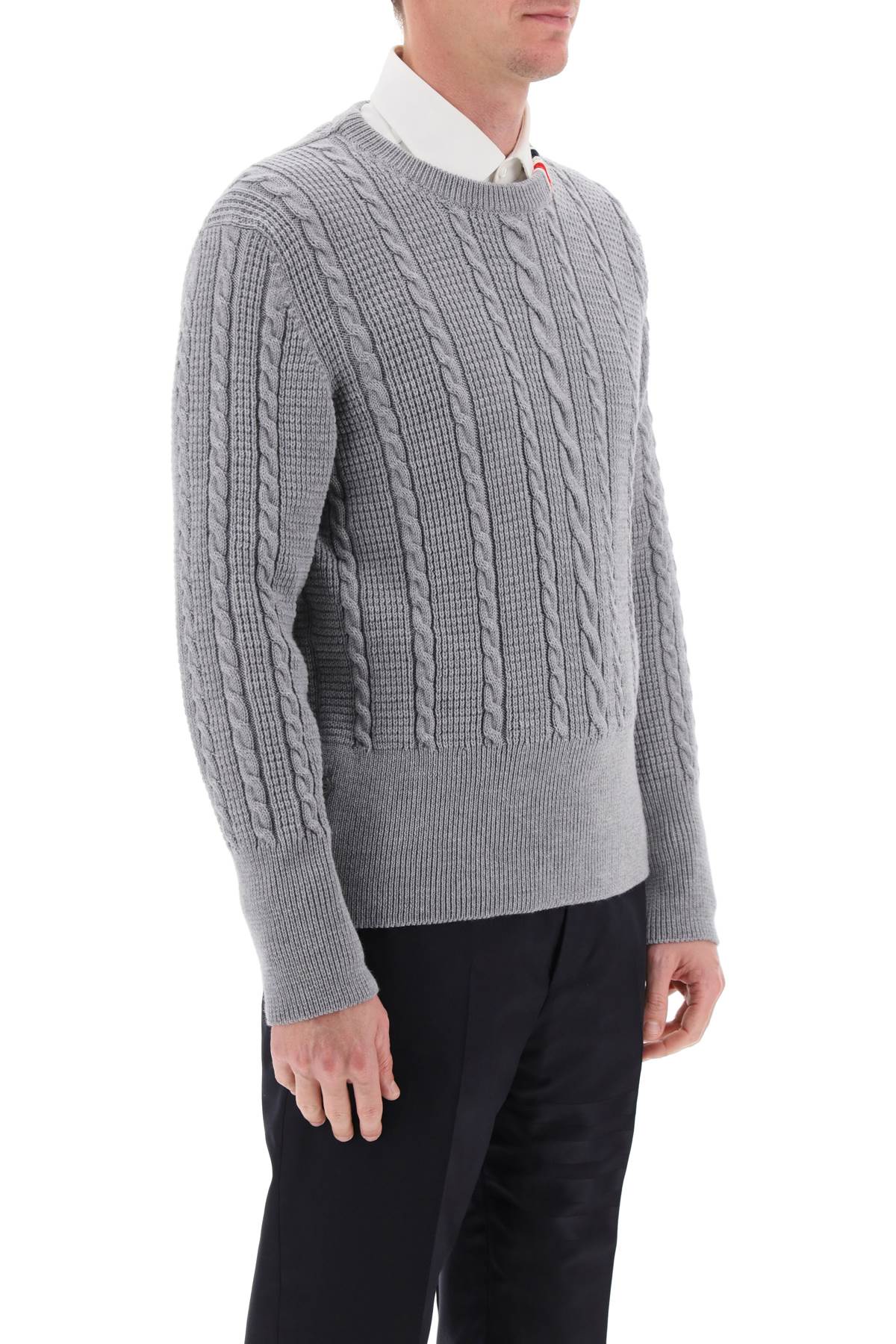 THOM BROWNE Classic Grey Cable Wool Sweater with RWB Detail for Men