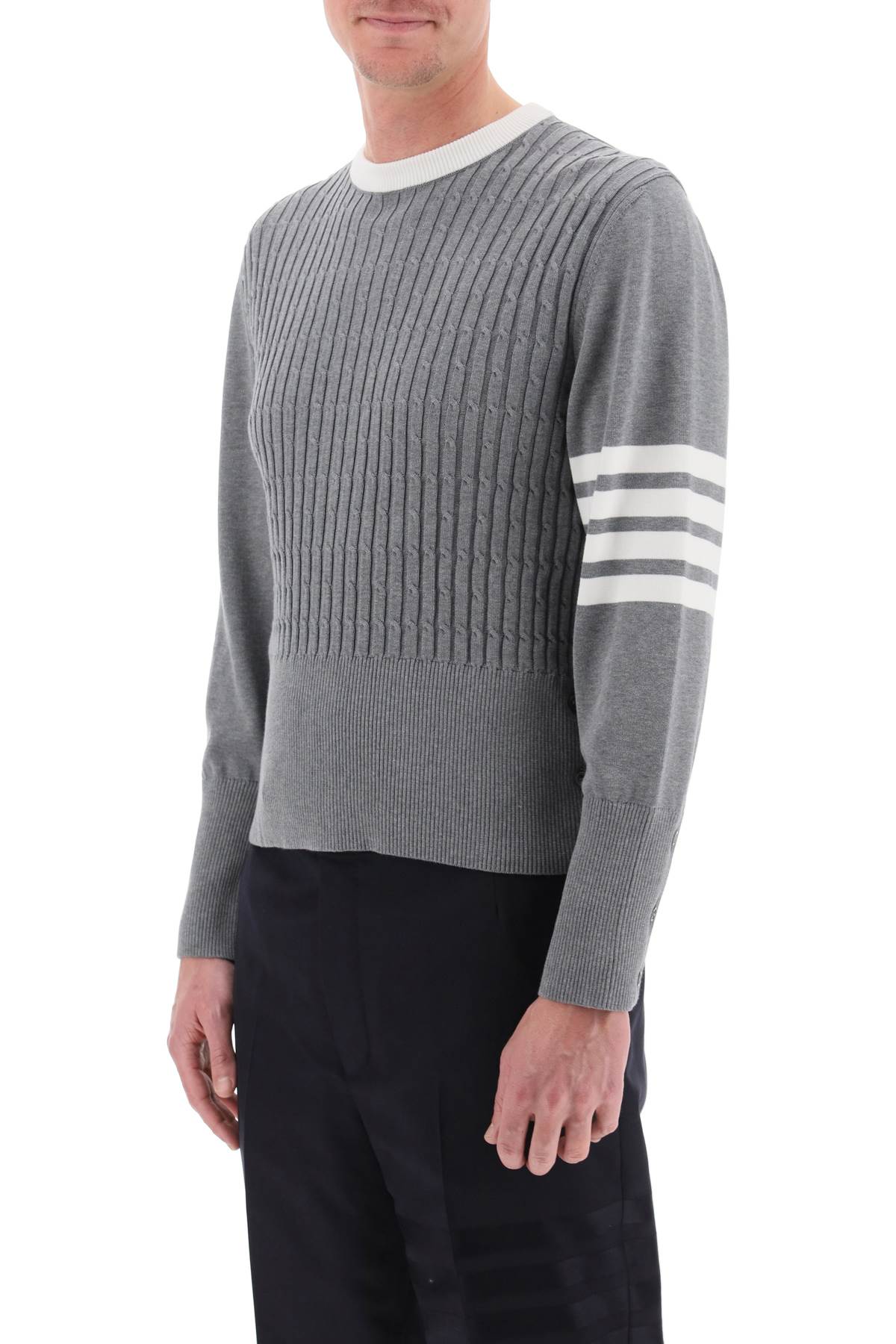 THOM BROWNE Grey Placed Baby Cable 4-Bar Cotton Sweater for Men