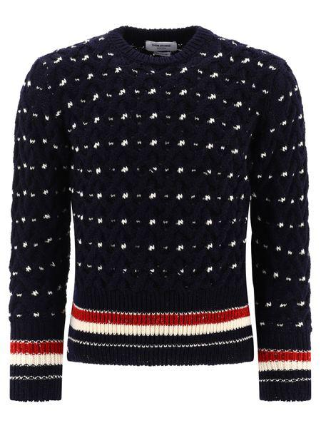 THOM BROWNE Elegant Navy Cable Stitch Crew Neck Sweater