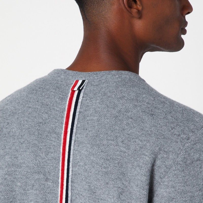 THOM BROWNE Elegant Grey Wool Crewneck Sweater with Tricolor Accent