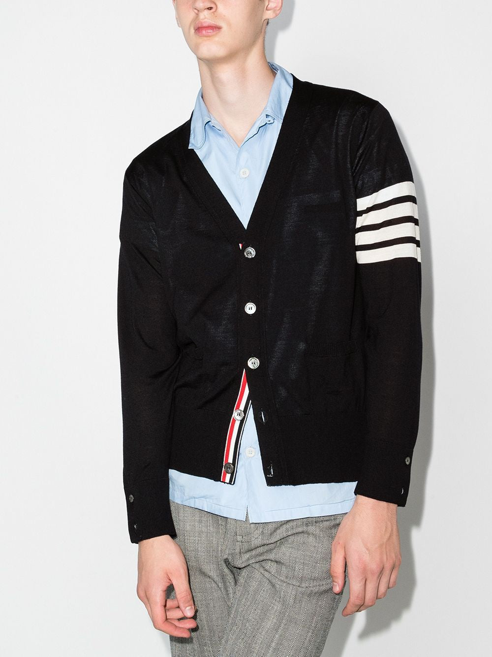 THOM BROWNE Classic Wool Cardigan with Signature Stripes