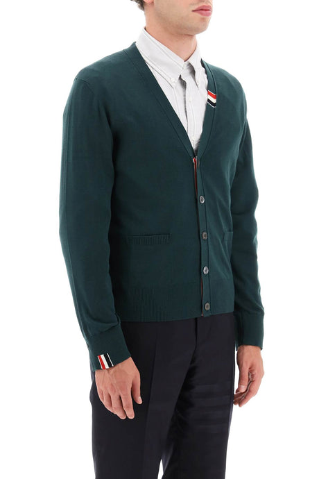 THOM BROWNE Green Merino Wool V-Neck Cardigan for Men