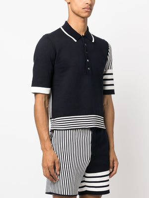 THOM BROWNE Navy Seersucker Jacquard Short Sleeve Polo