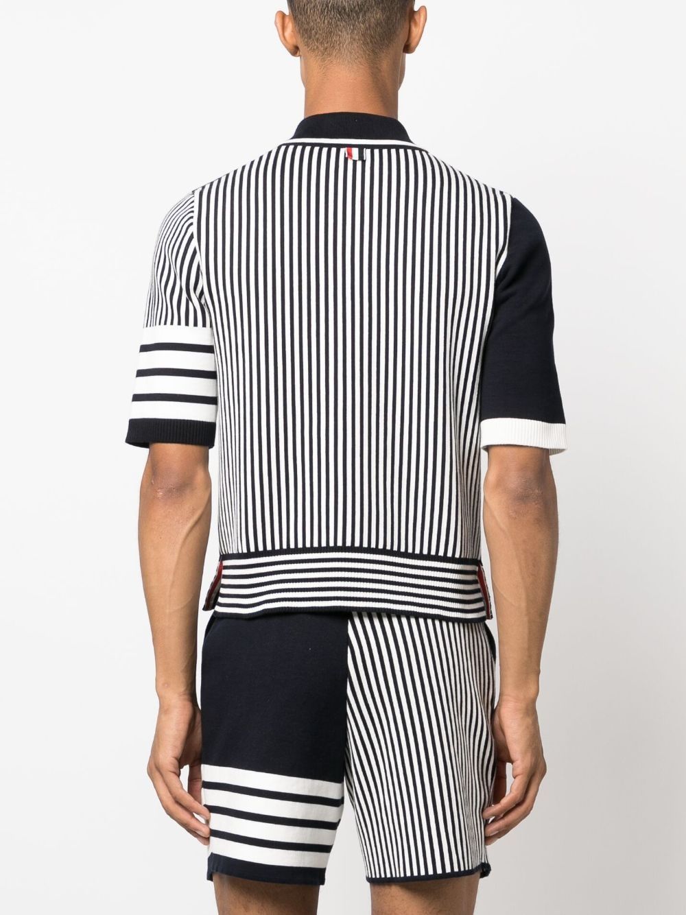 THOM BROWNE Navy Seersucker Jacquard Short Sleeve Polo