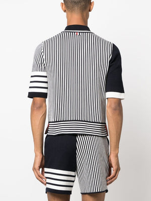 THOM BROWNE Navy Seersucker Jacquard Short Sleeve Polo