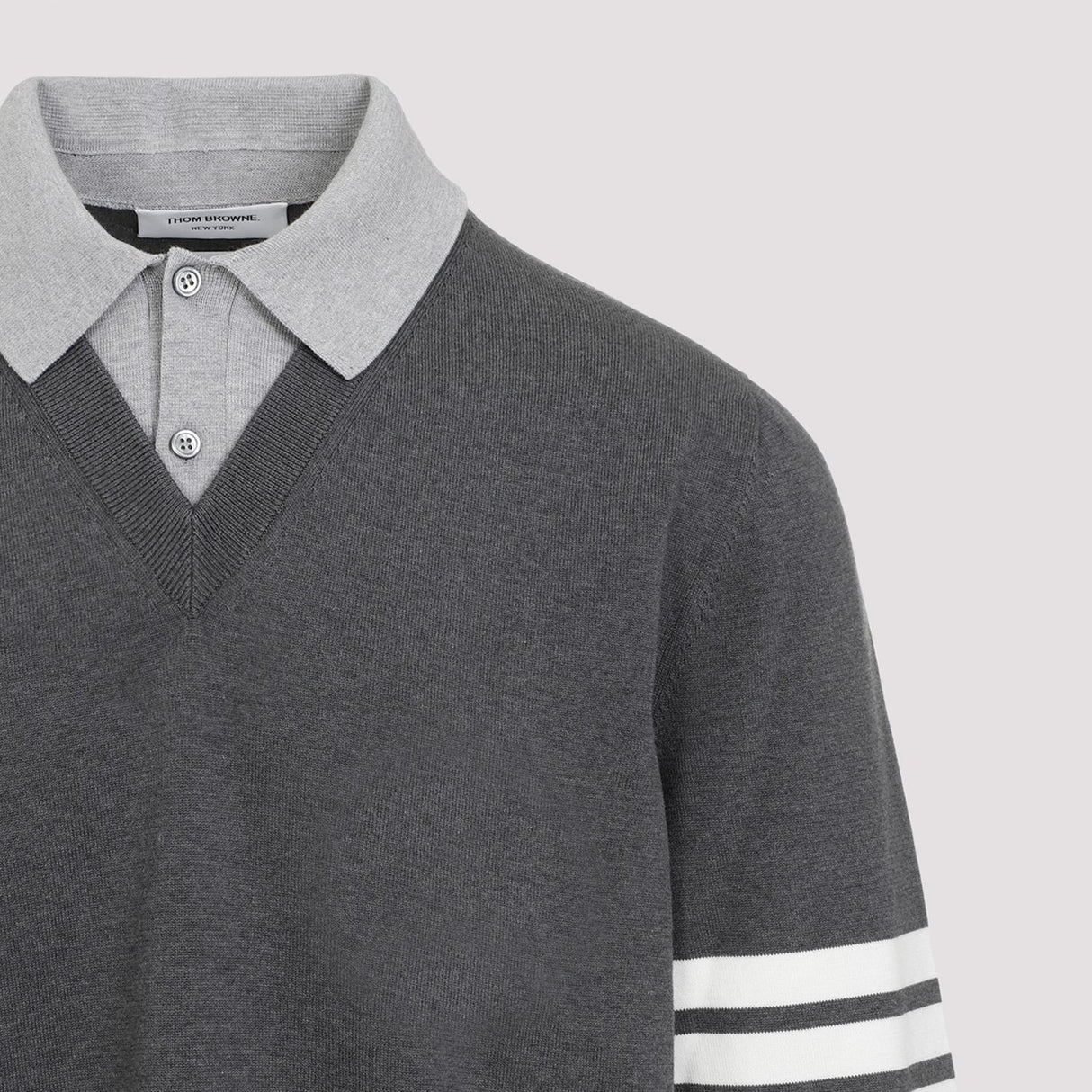 THOM BROWNE Men's Grey V-Neck Polo Pullover for SS24