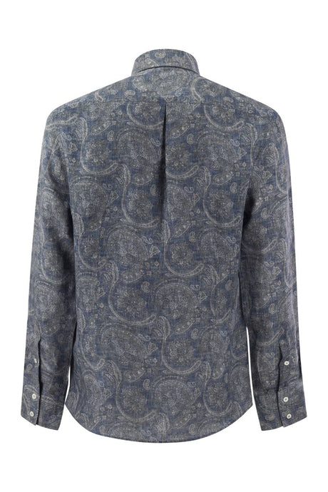 Mens Paisley Button-Down Linen Shirt for SS24 by Brunello Cucinelli