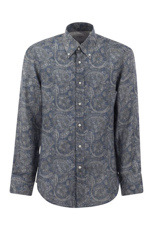 Mens Paisley Button-Down Linen Shirt for SS24 by Brunello Cucinelli