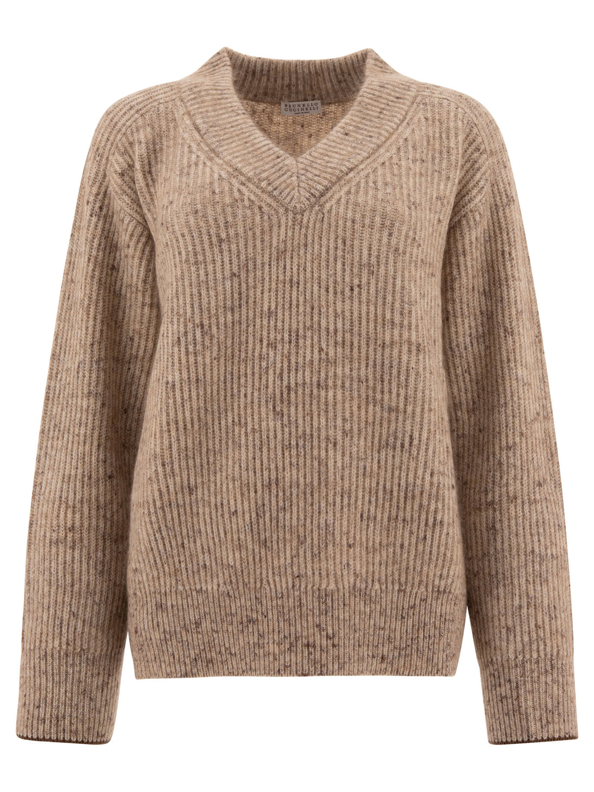 BRUNELLO CUCINELLI Luxury Beige Ribbed Sweater with Sparkling Trim