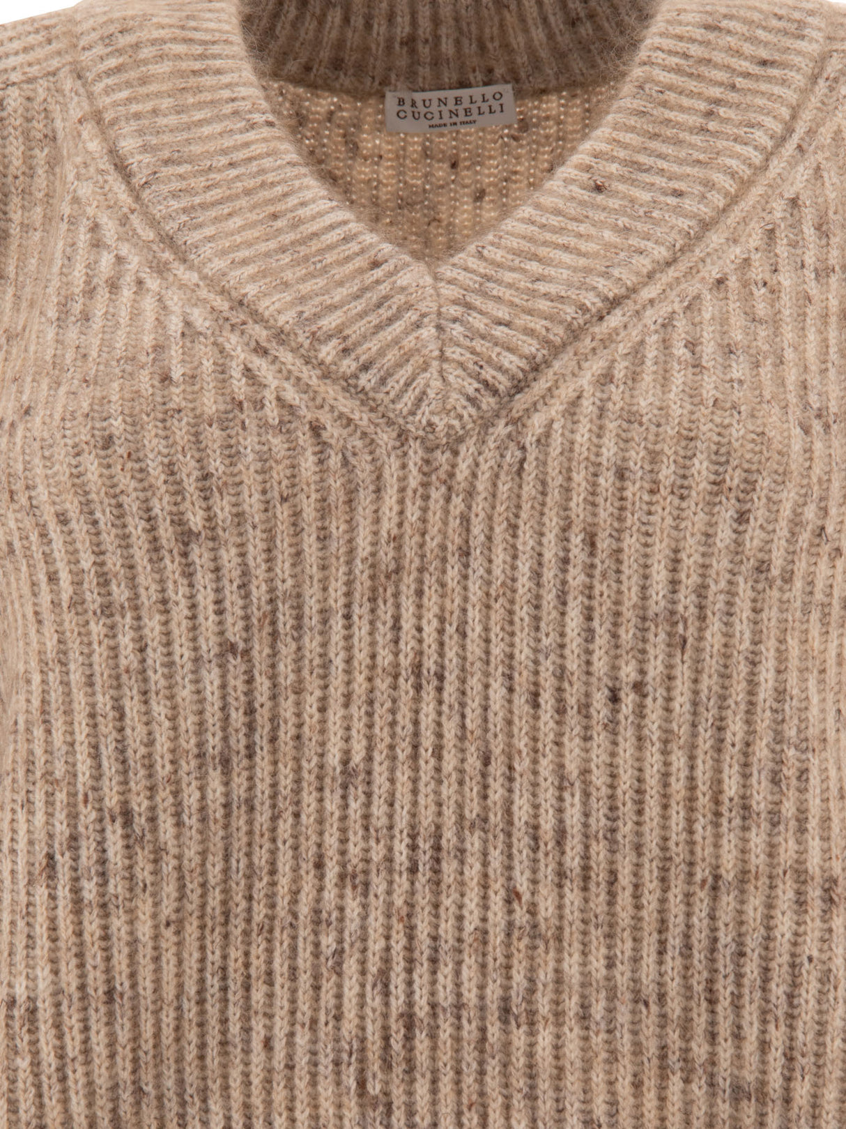 BRUNELLO CUCINELLI Luxury Beige Ribbed Sweater with Sparkling Trim