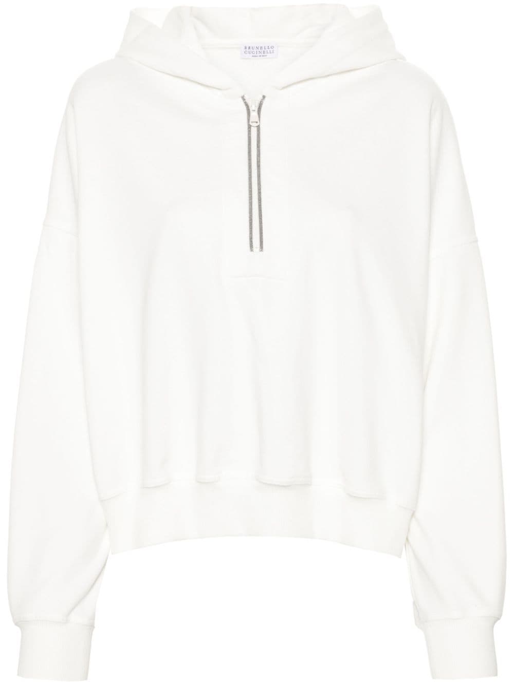 BRUNELLO CUCINELLI Elegant White Cotton Hoodie with Monili Zip Detail