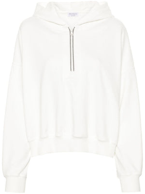 BRUNELLO CUCINELLI Elegant White Cotton Hoodie with Monili Zip Detail