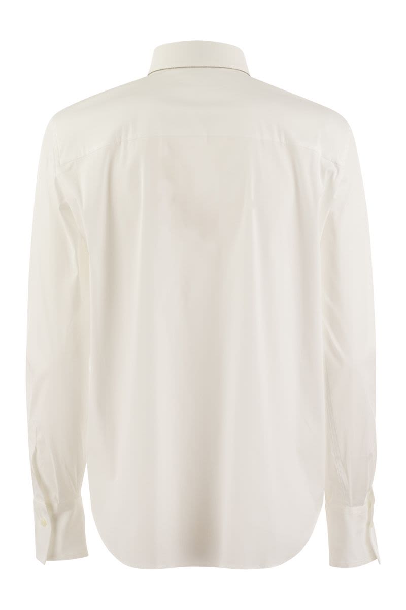 BRUNELLO CUCINELLI Elegant White Stretch Cotton Poplin Shirt with Monili Detail