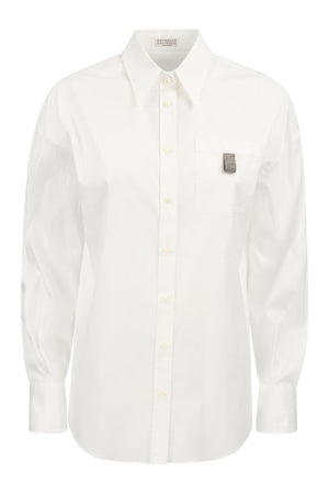 BRUNELLO CUCINELLI Stretch Cotton Poplin Shirt with Shiny Jeweled Breast Pocket