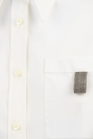 BRUNELLO CUCINELLI Stretch Cotton Poplin Shirt with Shiny Jeweled Breast Pocket