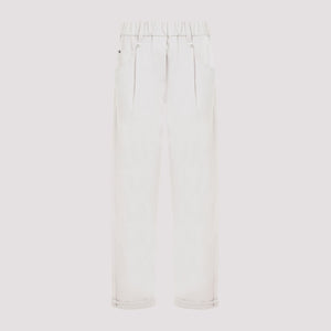 BRUNELLO CUCINELLI Women’s Relaxed Baggy Trousers in Stretch Cotton with Shiny Details