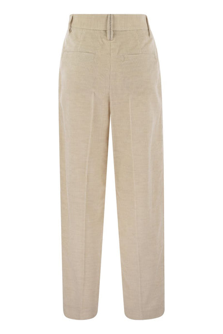 BRUNELLO CUCINELLI Striped Flared Canvas Trousers with Jewel Accent