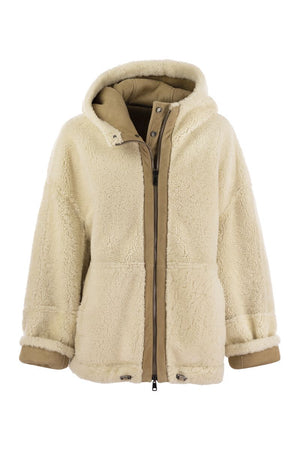 BRUNELLO CUCINELLI Reversible Shearling Luxury Coat with Jewel Neck Detail