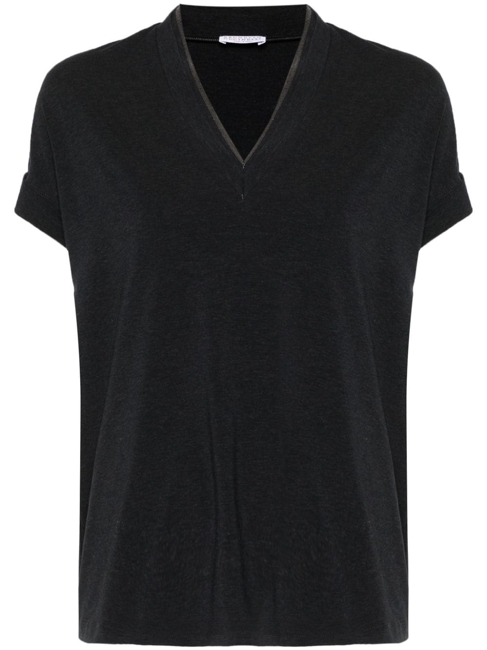 BRUNELLO CUCINELLI Elegant Grey V-Neck Cotton Tee with Monili Detail