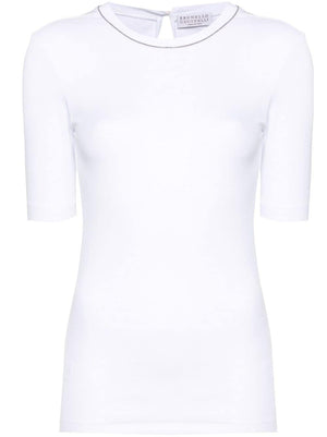 BRUNELLO CUCINELLI Elegant Optical White Cotton Tee with Monili Embellishment