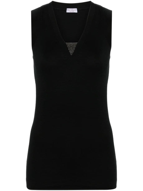 BRUNELLO CUCINELLI Elegant Black V-Neck Sleeveless Ribbed Top