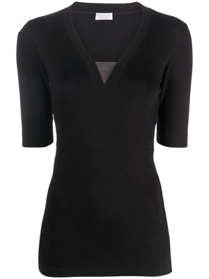 BRUNELLO CUCINELLI Elegant Black Cotton V-Neck Tee for Women