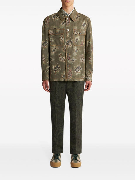 ETRO Men's Olive Green and Multicolor Cotton Paisley Print Shirt for SS24