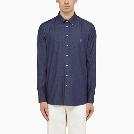 ETRO Men's Navy Button-Down Collar Cotton Shirt with Paisley Lining