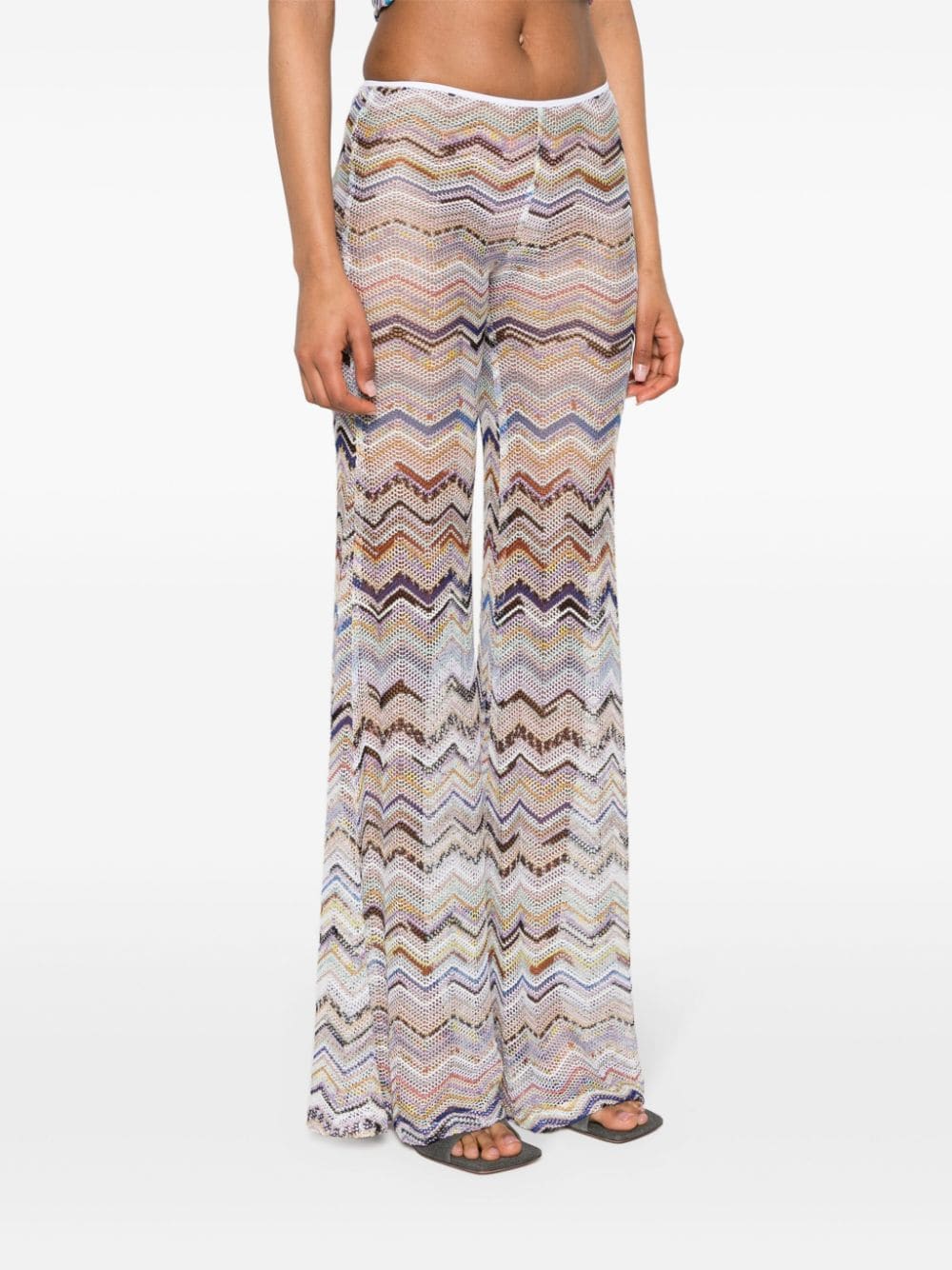 MISSONI Navy High-Waisted Flared Trousers with Metallic Threading and Signature Zigzag Design