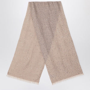 BRUNELLO CUCINELLI Dove-Colored Cashmere and Silk Scarf with Fringes and Sequins