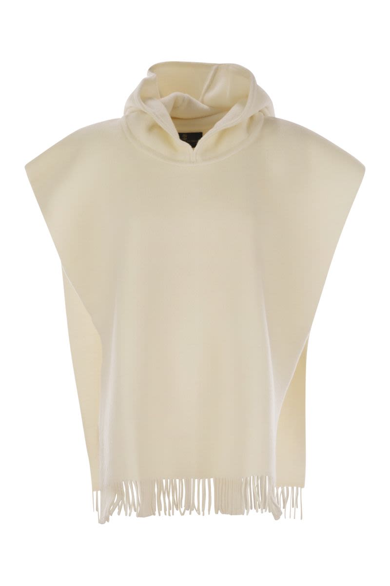 BRUNELLO CUCINELLI Double Knit Wool and Cashmere Poncho with Hood and Fringes