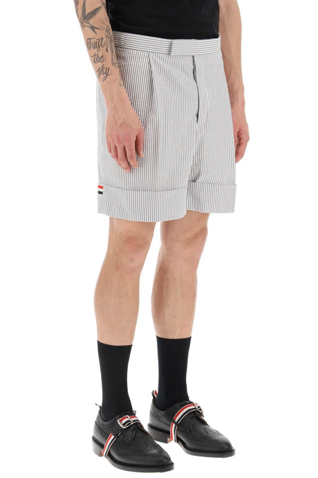 THOM BROWNE Men's Seersucker Single-Pleat Shorts with Tricolor Details for SS23