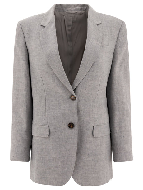 BRUNELLO CUCINELLI Linen and Wool Canvas Blazer with Monili - Regular Fit, Long Sleeves