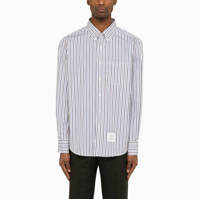 THOM BROWNE Navy Blue/White Striped Poplin Shirt for Men