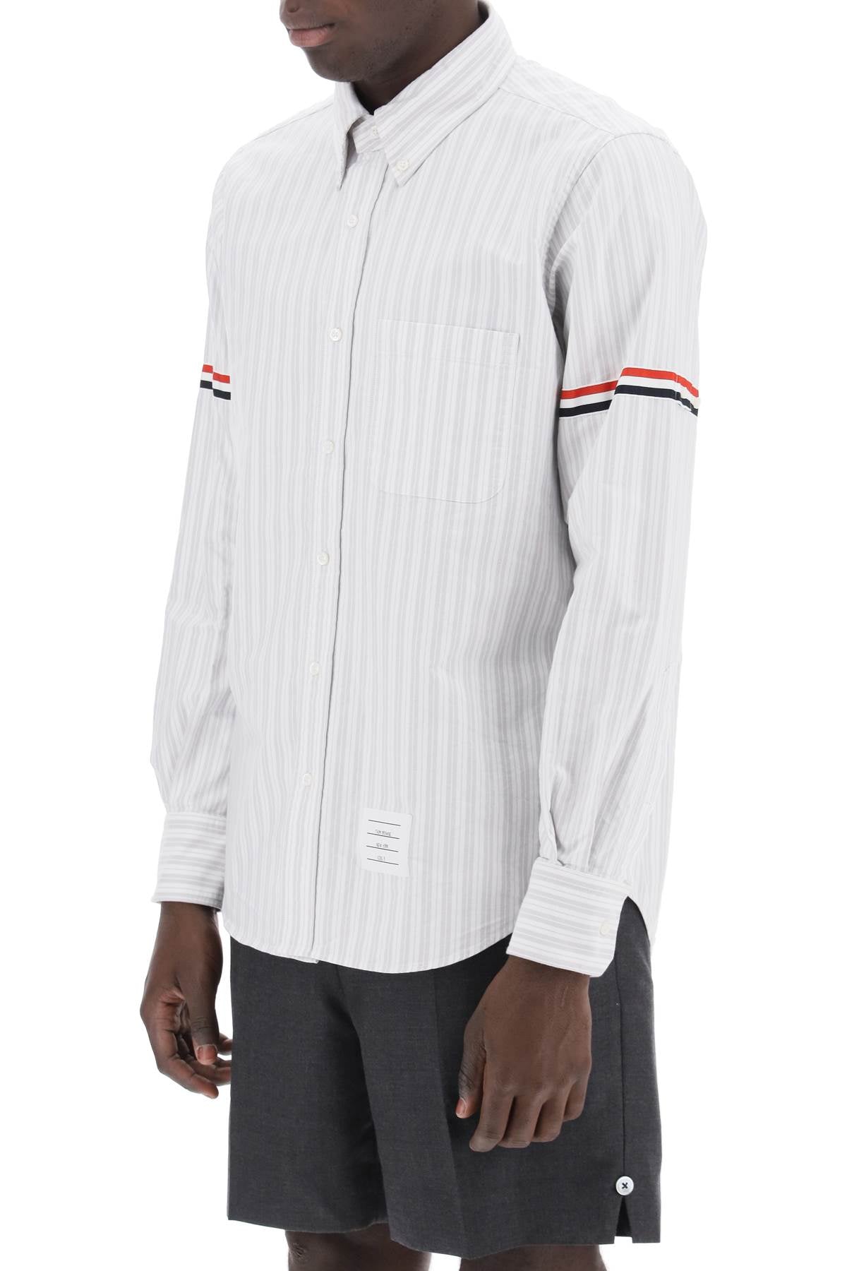 THOM BROWNE Men's Long-Sleeved Striped Poplin Shirt - Grey & White