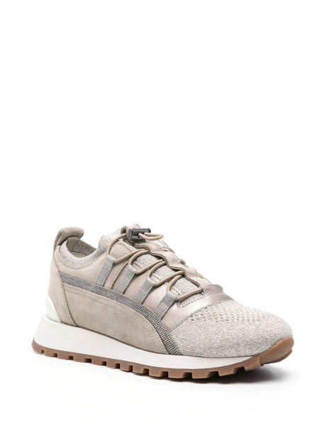 BRUNELLO CUCINELLI Beige Leather Sneakers with glitter and Monili chain detailing