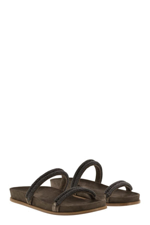 BRUNELLO CUCINELLI Slip-On Suede Sandals with Chain Detail