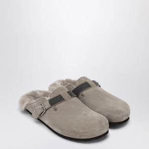 BRUNELLO CUCINELLI Light Grey Suede Sabot with Adjustable Buckle