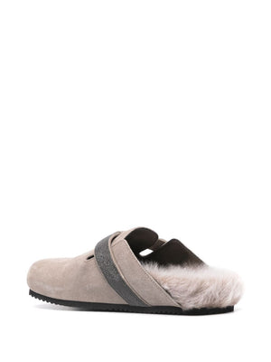 BRUNELLO CUCINELLI Chic Suede Leather Slippers with Monili Chain