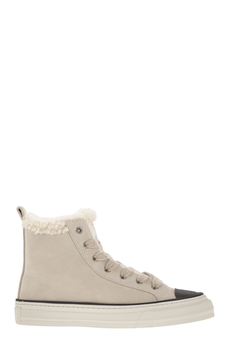 BRUNELLO CUCINELLI Luxury Suede Sneakers with Shearling Lining and Jeweled Toe Cap - 3.5 cm Sole