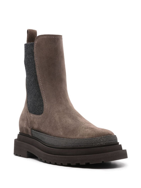 BRUNELLO CUCINELLI Luxury Suede Chelsea Boots with Monili Chain Detail